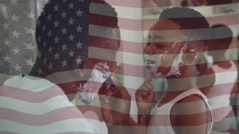 animación de la bandera estadounidense sobre un padre e hijo afroamericanos afeitándose