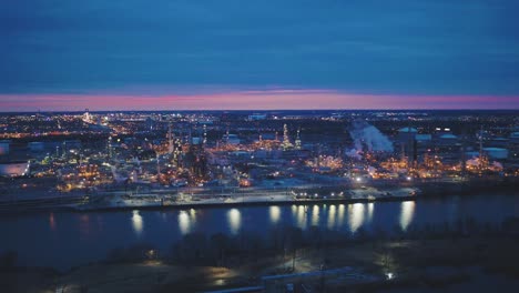 Early-morning,-4K-aerial-footage-of-an-industrial-plant-in-Philadelphia,-PA