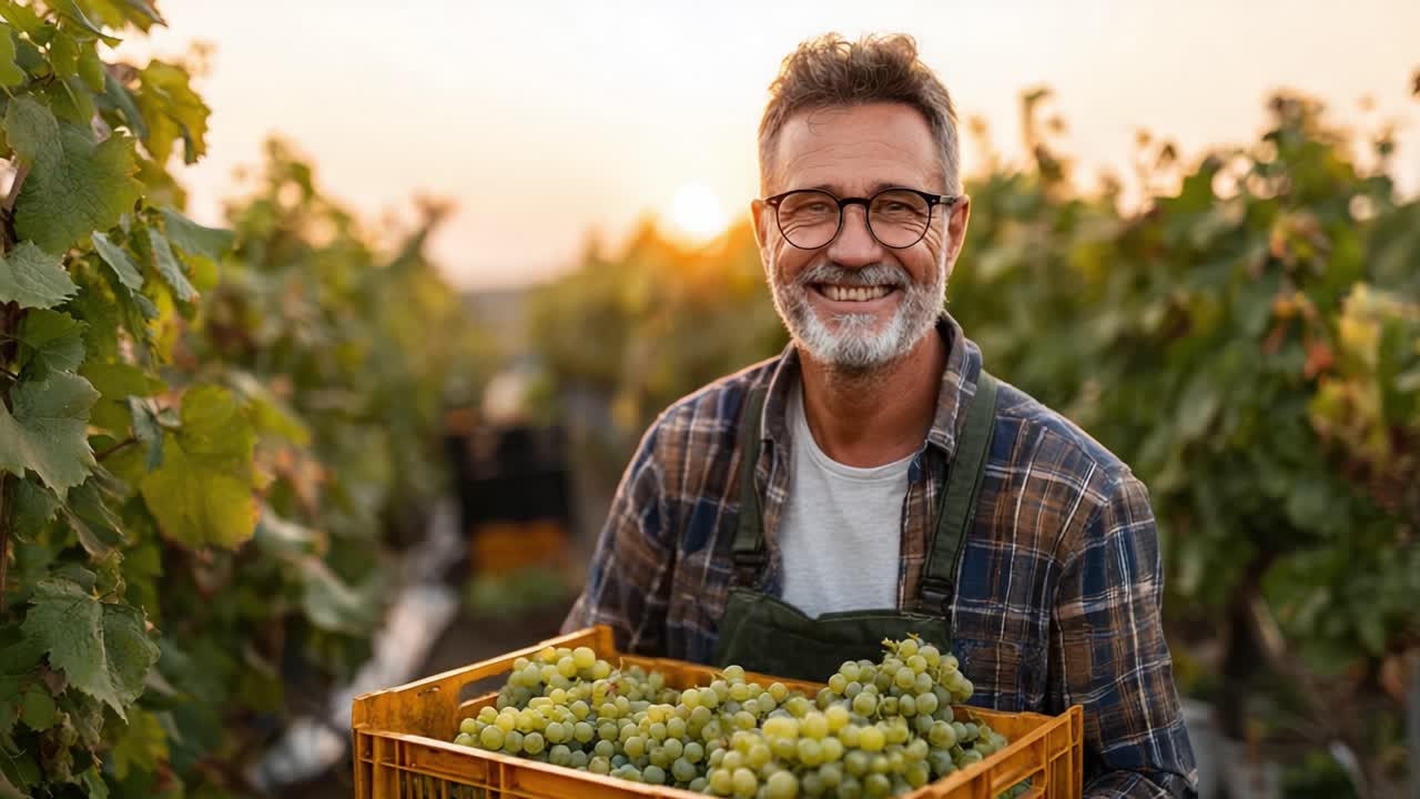 A Joyful Vineyard Harvest at Sunset: A Smiling Man Holds a Basket of Fresh Green Grapes in a Beautiful Grapevine Field, Capturing the Essence of Grape Farming