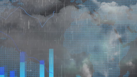 composición digital del procesamiento de datos financieros sobre el mapa del mundo contra la lluvia que cae en el cielo nocturno