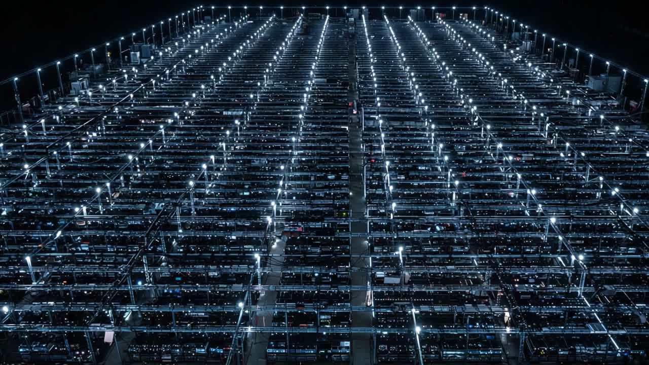 Aerial View of a Massive Warehouse at Night: Rows of Illuminated Racks Filled with Products and Equipment, Showcasing a Modern Logistics Facility's Scale and Efficiency