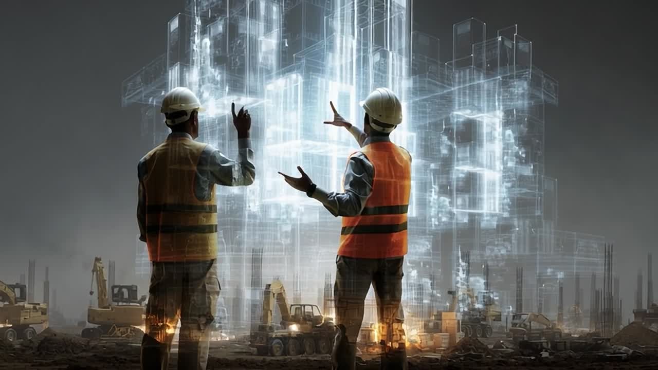 Construction workers reviewing project plans at urban site in daylight