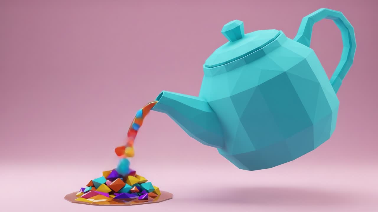 A Vibrant, Low-Poly Teapot Pouring Colorful Geometric Pieces onto a Surface, Creating an Eye-Catching Scene of Artistry and Abstract Design