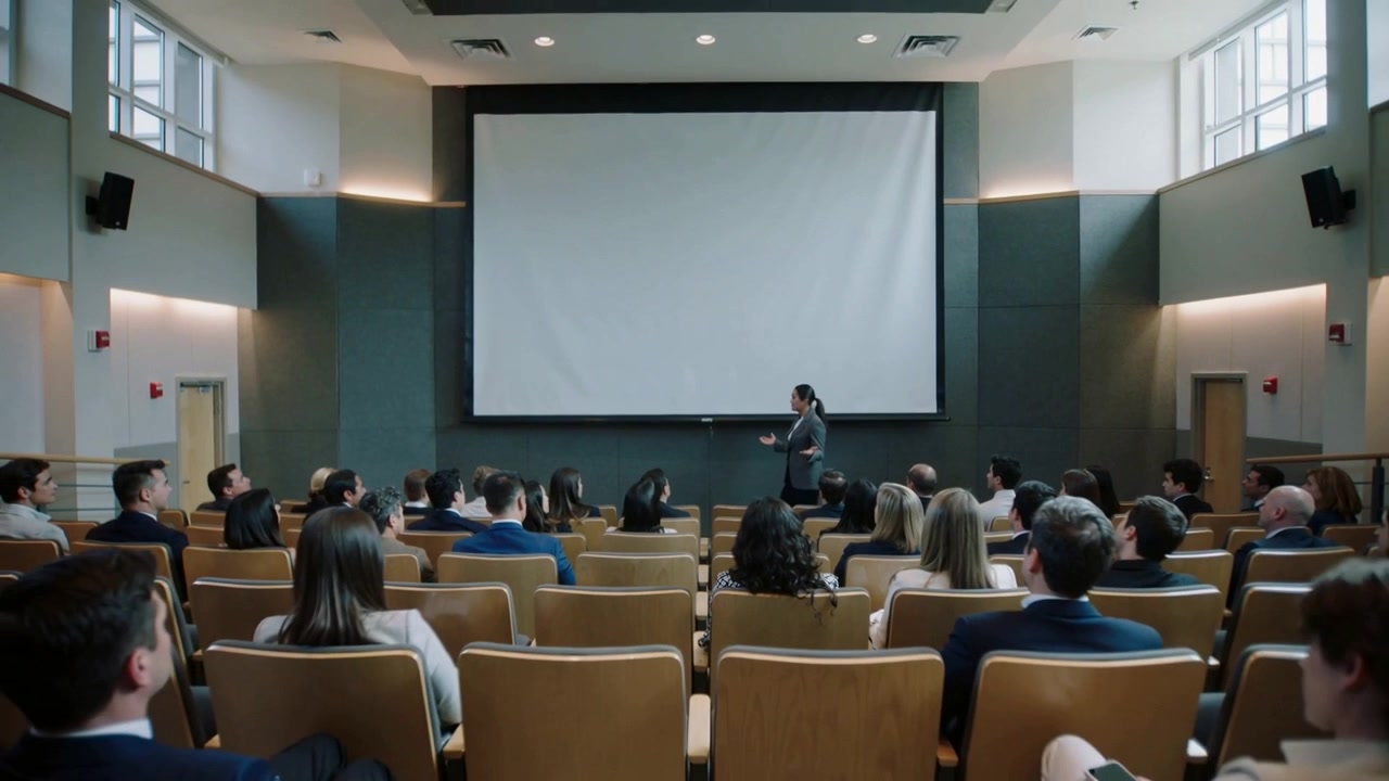 Presentatore in abito che gesticola, cammina al centro del palco in un auditorium, attirando il pubblico verso uno schermo bianco.