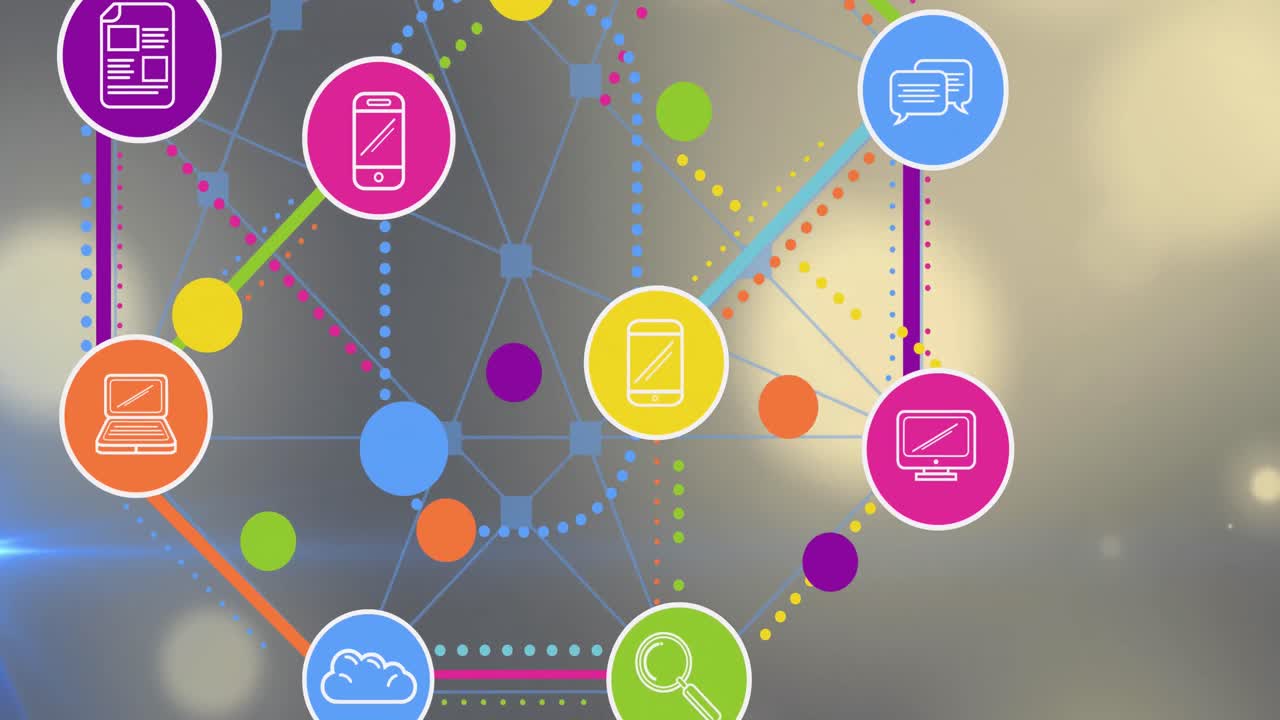 animación de coloridos iconos de aplicaciones móviles que se conectan con líneas en el destello de la lente