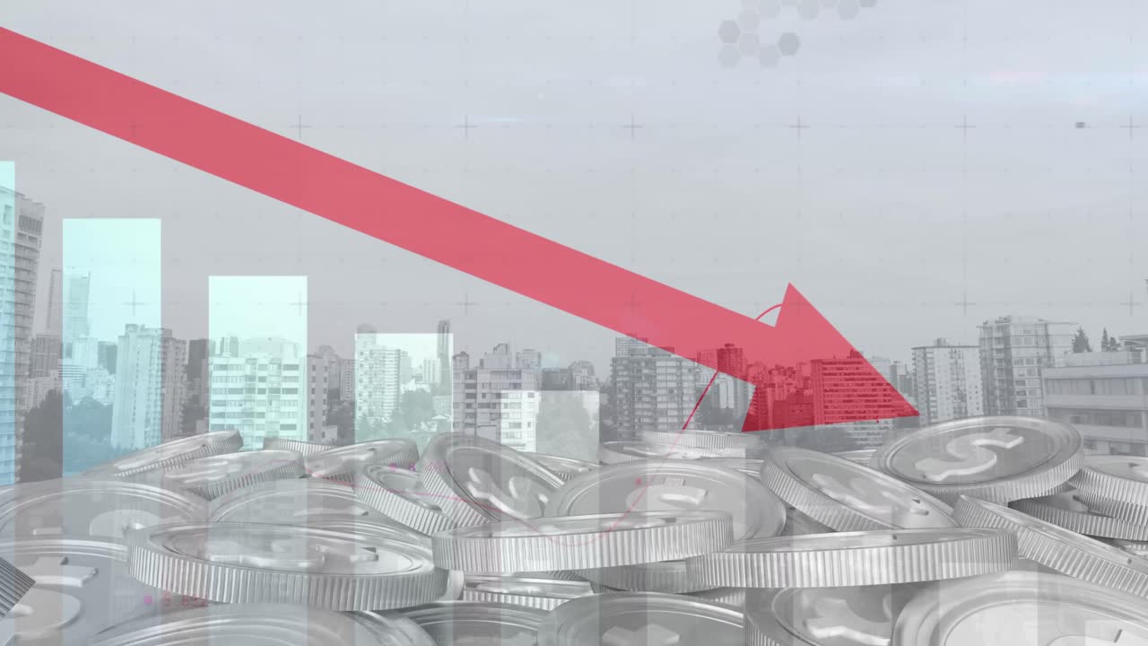 도시 풍경 위의 데이터 처리 및 동전의 애니메이션