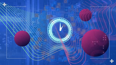 animación de esferas púrpuras, ondas digitales y reloj de neón contra la sala de servidores de computadora