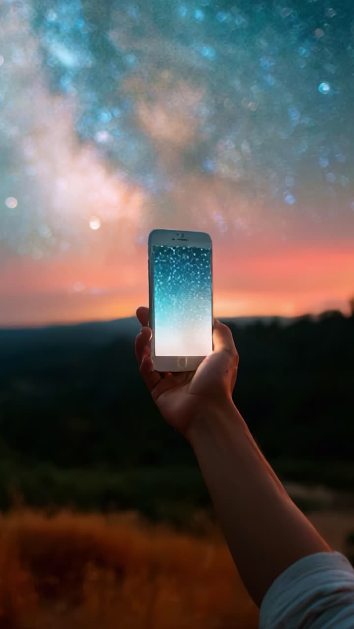 A Hand Holding a Smartphone Against a Backdrop of a Starry Night Sky, Merging Technology with Nature, Showcasing the Beauty of the Universe and the Light Emitted from the Device