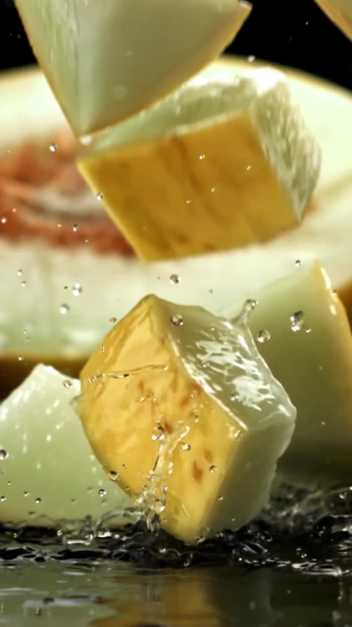 Fresh Melon Chunks Splashing into Water in Slow Motion