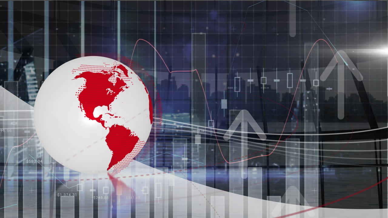 Küre ve oklar üzerinde finansal veri ve grafik animasyonu