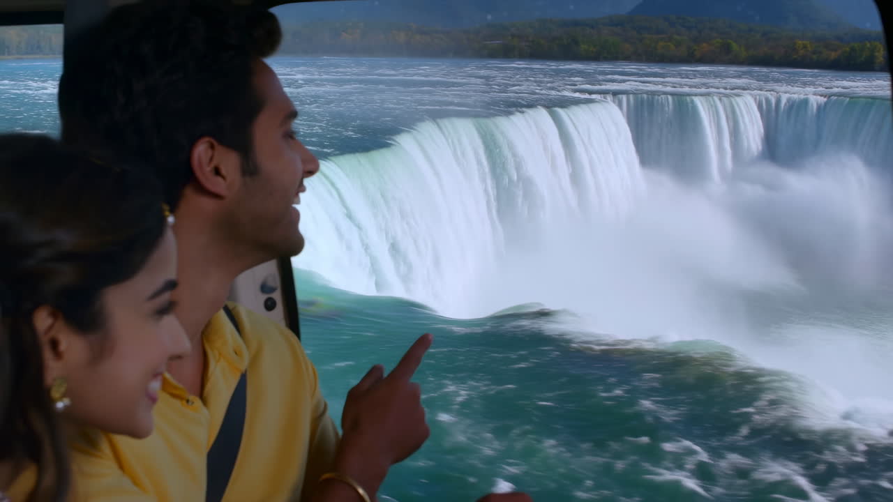 Coppia sudasiatica che ammira le Cascate del Niagara da un finestrino di elicottero, con nebbia che sale sul fiume turchese