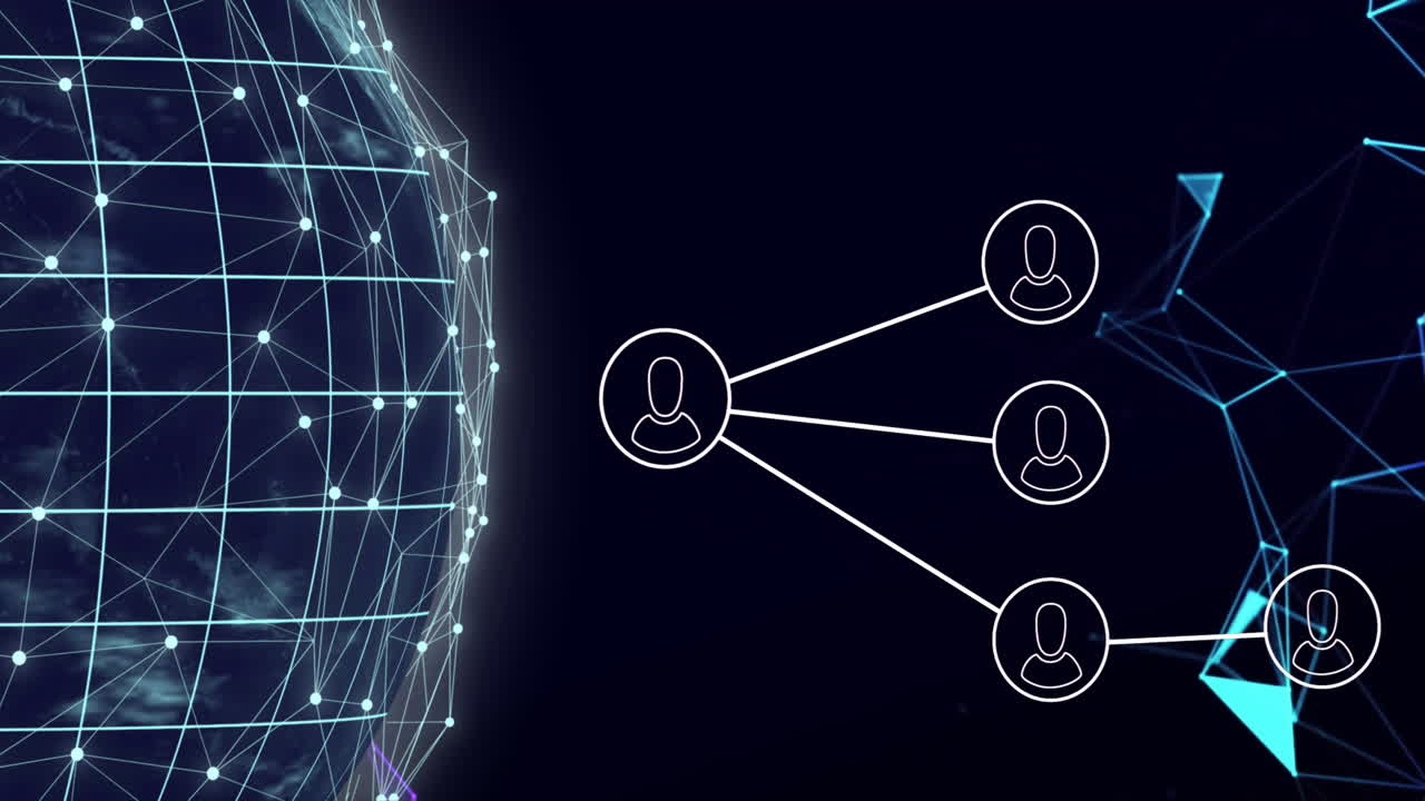 Animation of globe and network of people icons over connections on black background