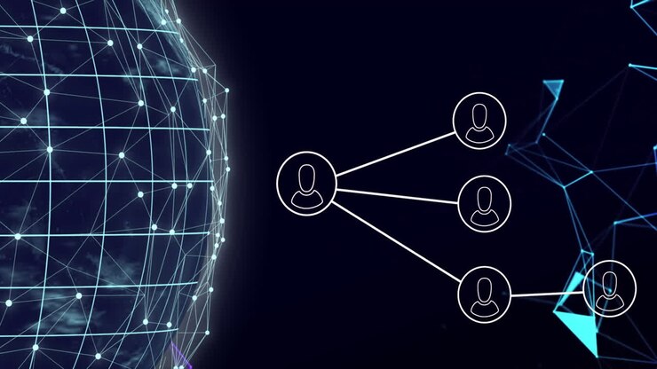 Animation of globe and network of people icons over connections on black background