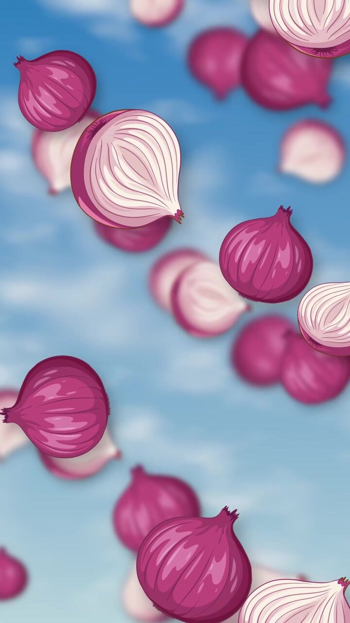 Stylized whole and halved red onions fall continuously against a bright blue cloudy sky background.
