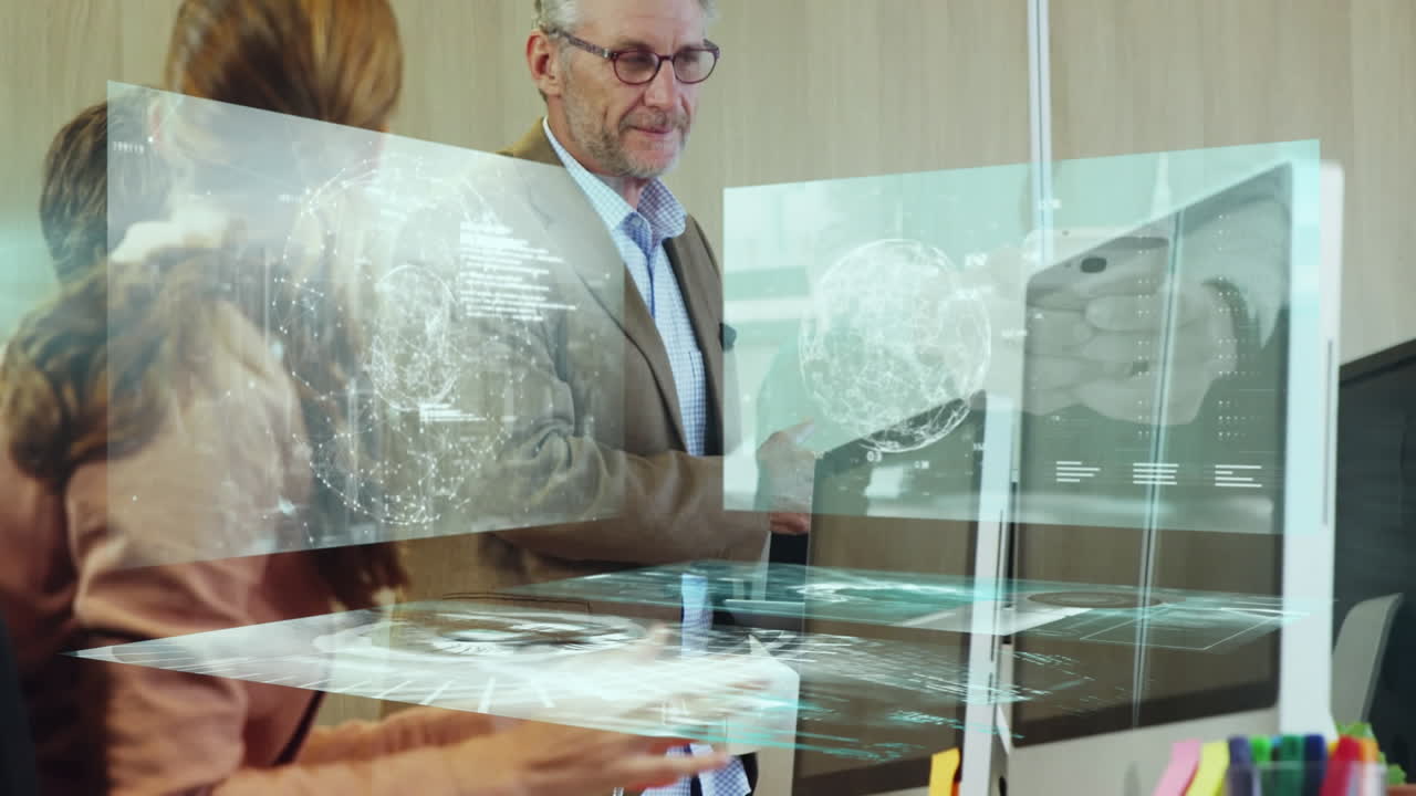 animación de datos sobre felices caucásicos diversos colegas masculinos y femeninos aplaudiendo en la oficina