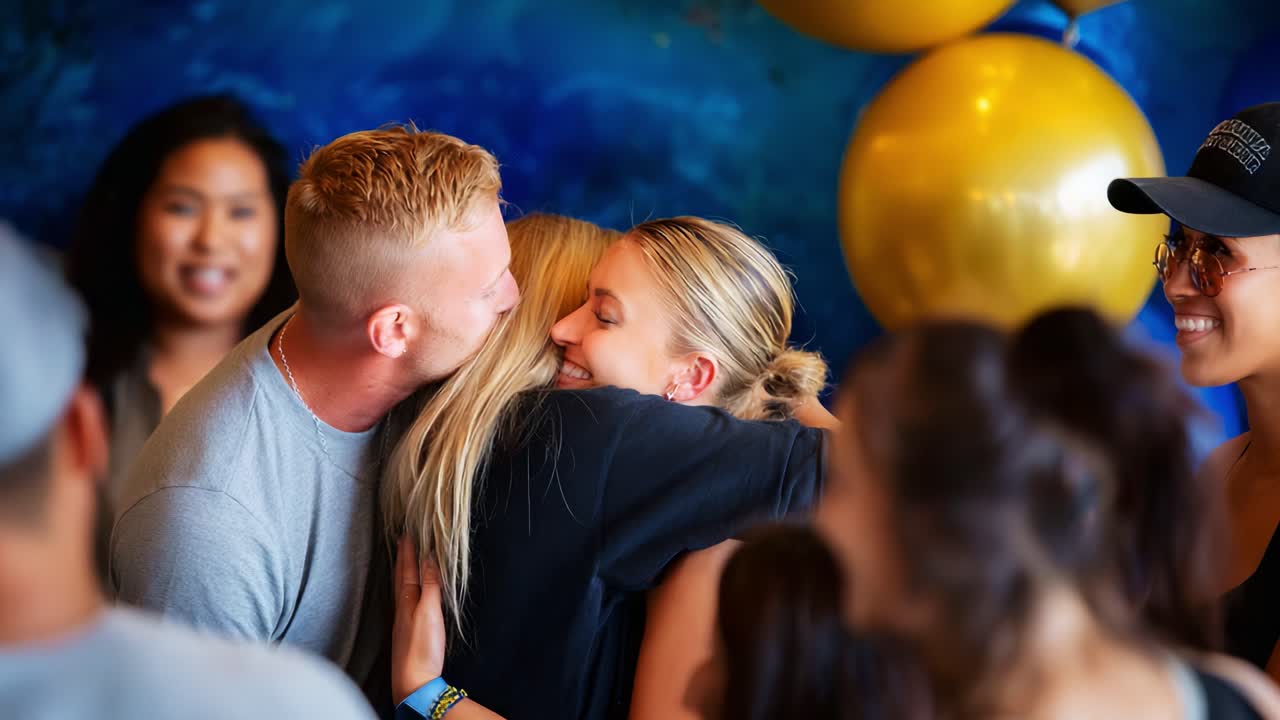 A Heartwarming Moment of Connection: Friends Embrace in Joyful Reunion Surrounded by Celebration and Colorful Decor, Highlighting Bonds and Happiness in a Lively Atmosphere