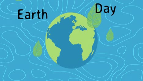 animation of earth day text over globe and leaves on blue background