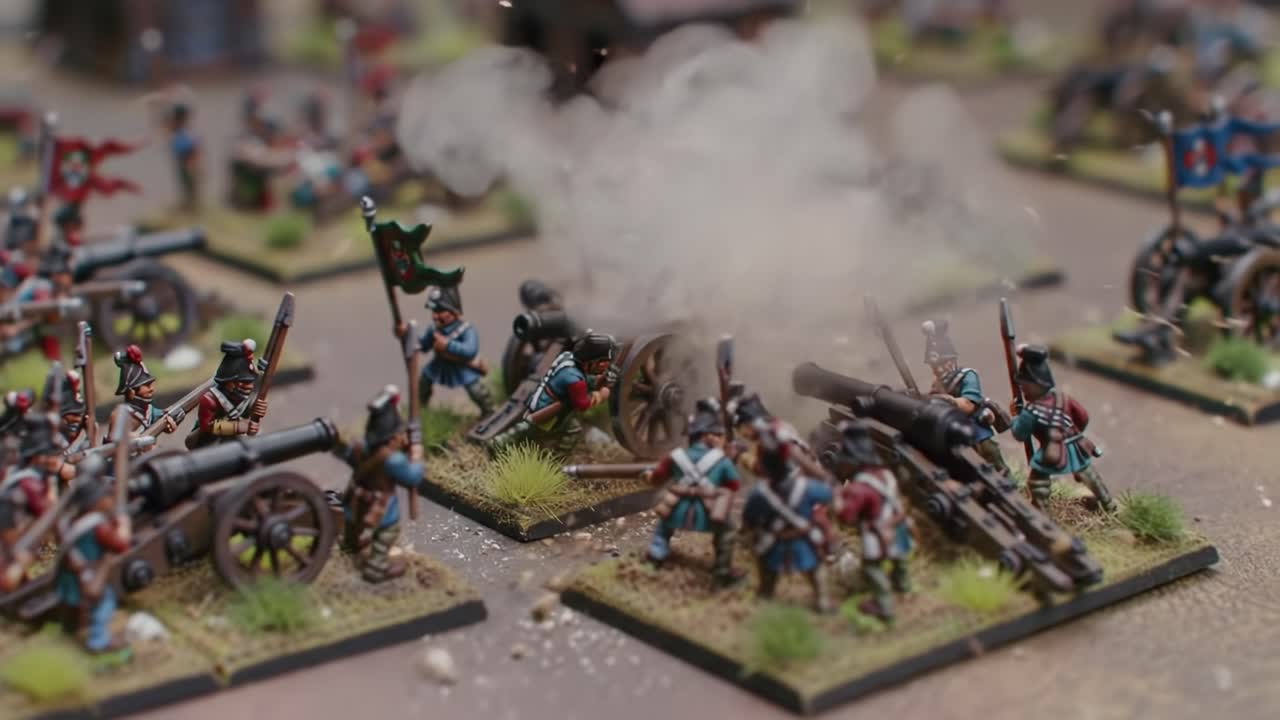 A Captivating Battle Scene Featuring Meticulously Painted Miniature Soldiers Engaged in Intense Warfare with Cannons and Strategic Movement on a Detailed Battlefield