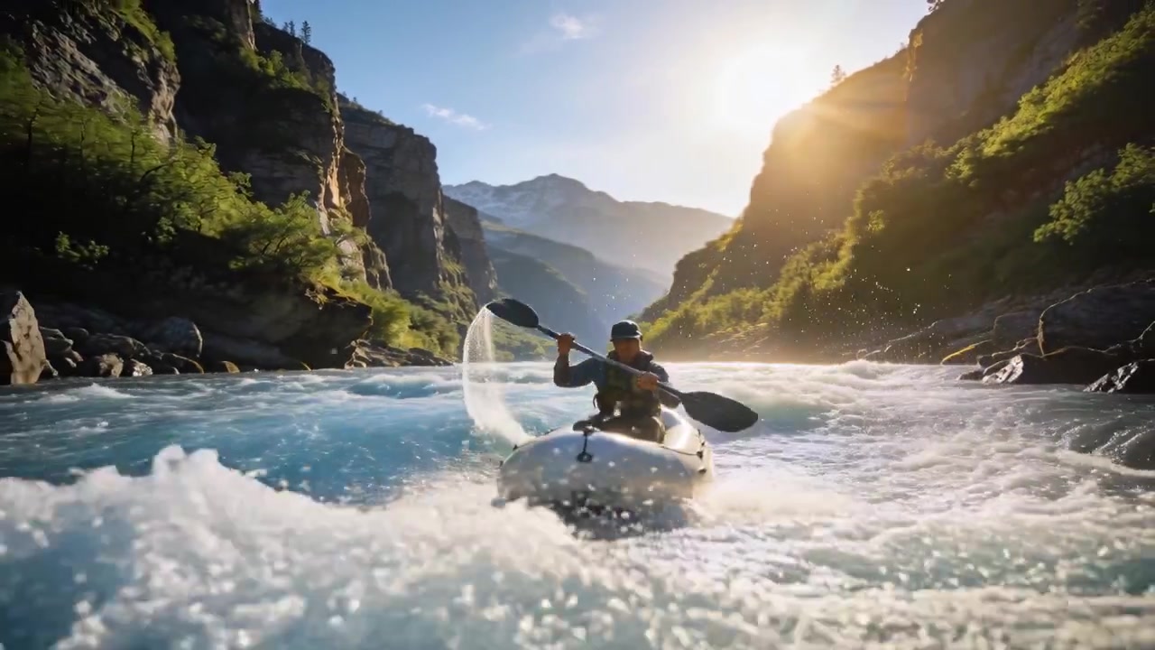 Un canoista che pagaia entra in acqua turbolenta, guidando un kayak bianco lungo il canyon, indossando un giubbotto di salvataggio