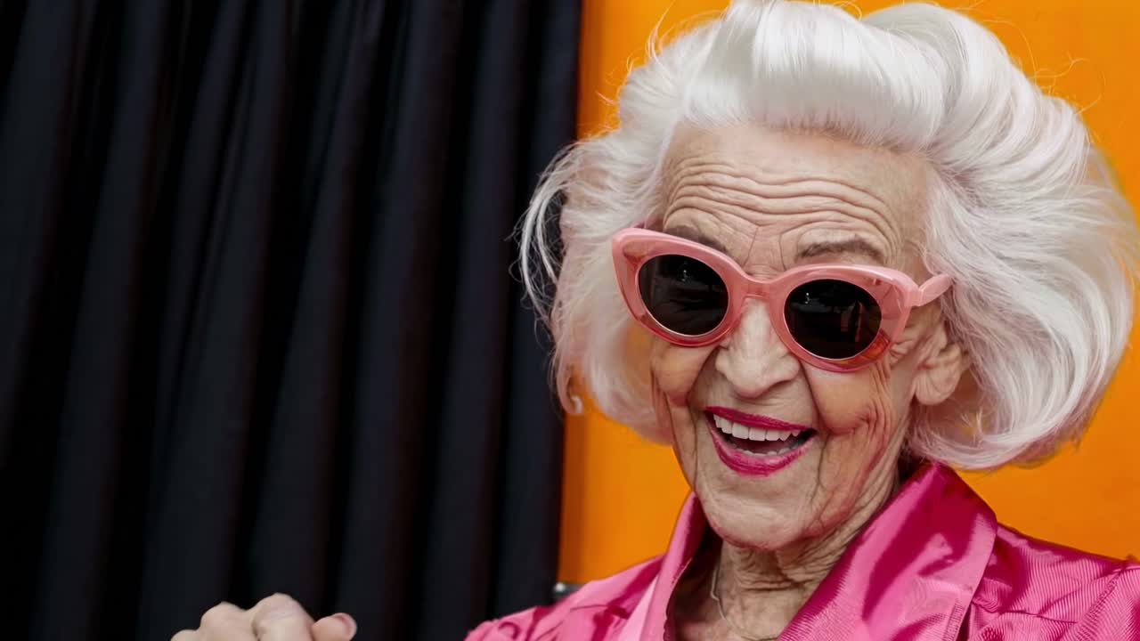 Un fermo immagine video vivace di una donna anziana con occhiali da sole e camicia rosa, che sorride con sicurezza