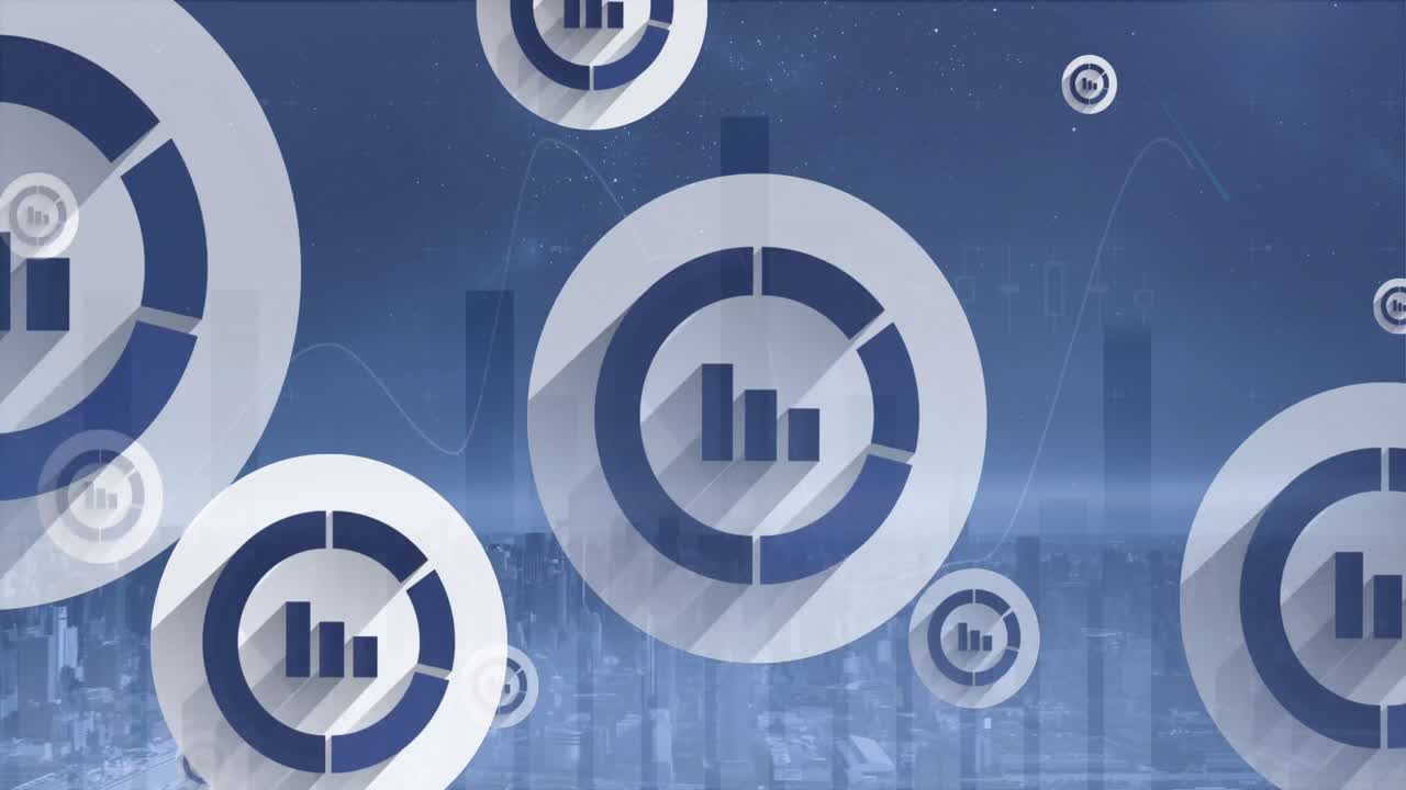 Animation of network of connections with icons over cityscape