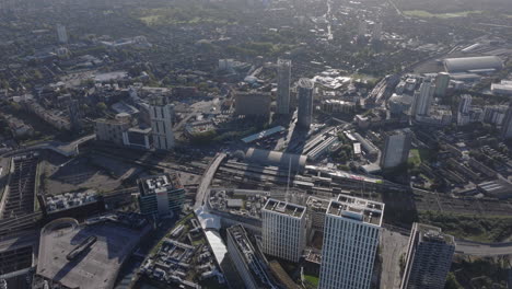 rising aerial shot over stratford station