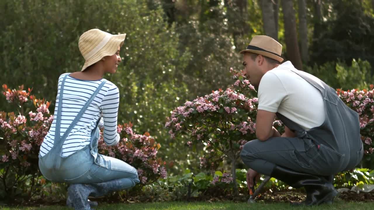 젊은 미소 짓는 커플 치료 식물