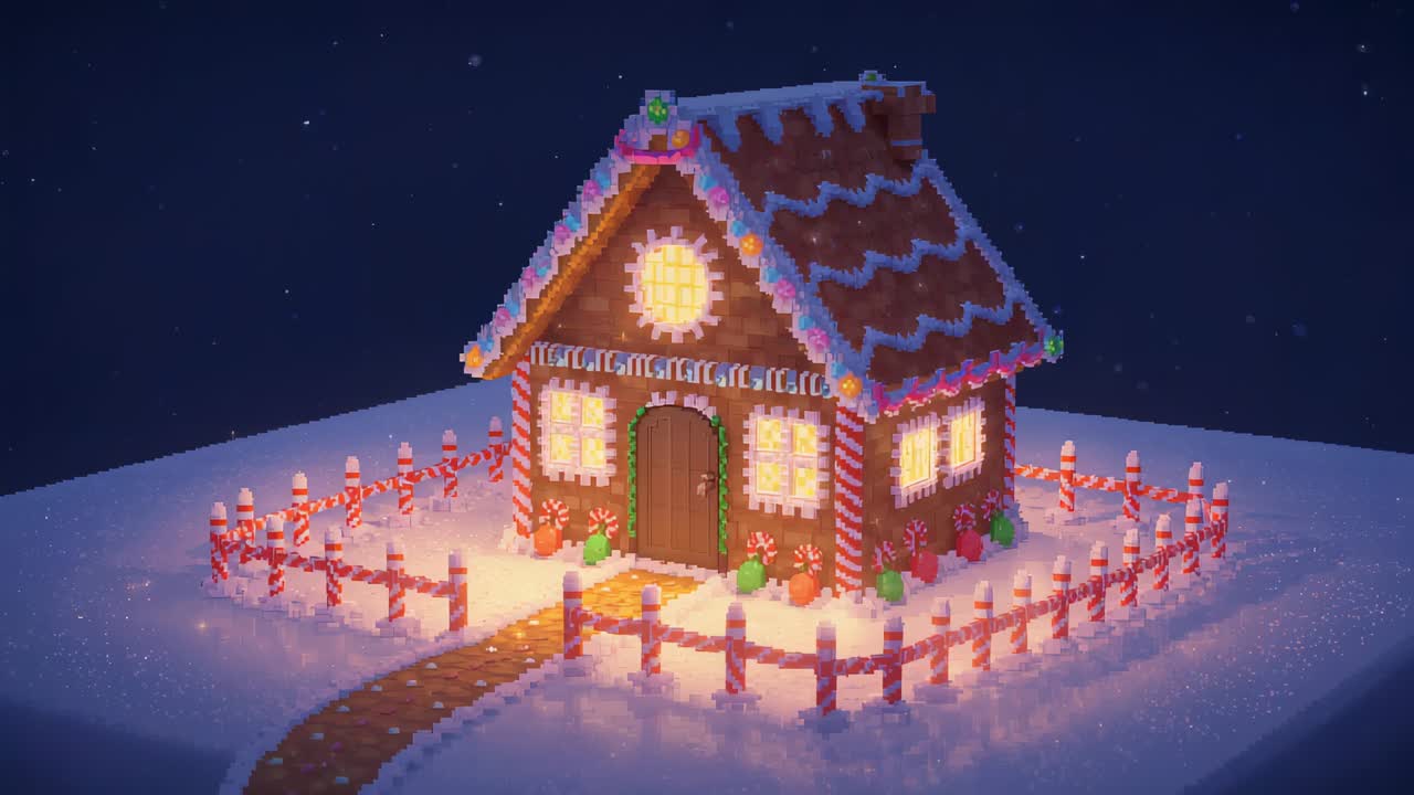 Dollying camera drawing gingerbread house closer on snowy mound ...