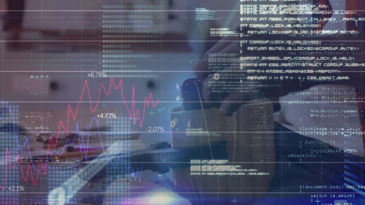 camera operator adjusting gimbal on desk, overlaying animated finance graphs and code