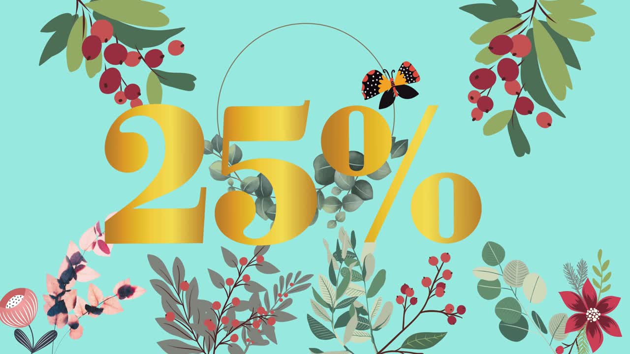 анимация 25% текста над бабочкой и цветами, движущимися в гипнотическом движении.