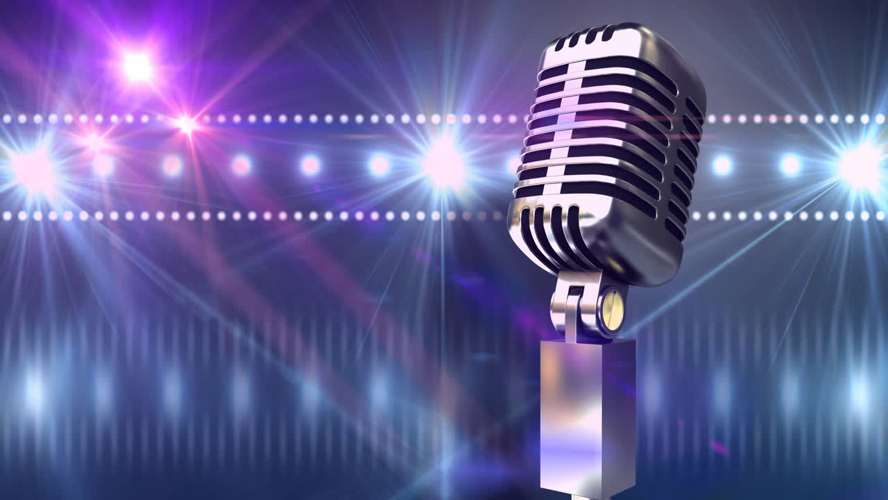 빛의 반 ⁇ 이는 반점 위에 레트로 마이크를 통해 네온 맥주의 애니메이션