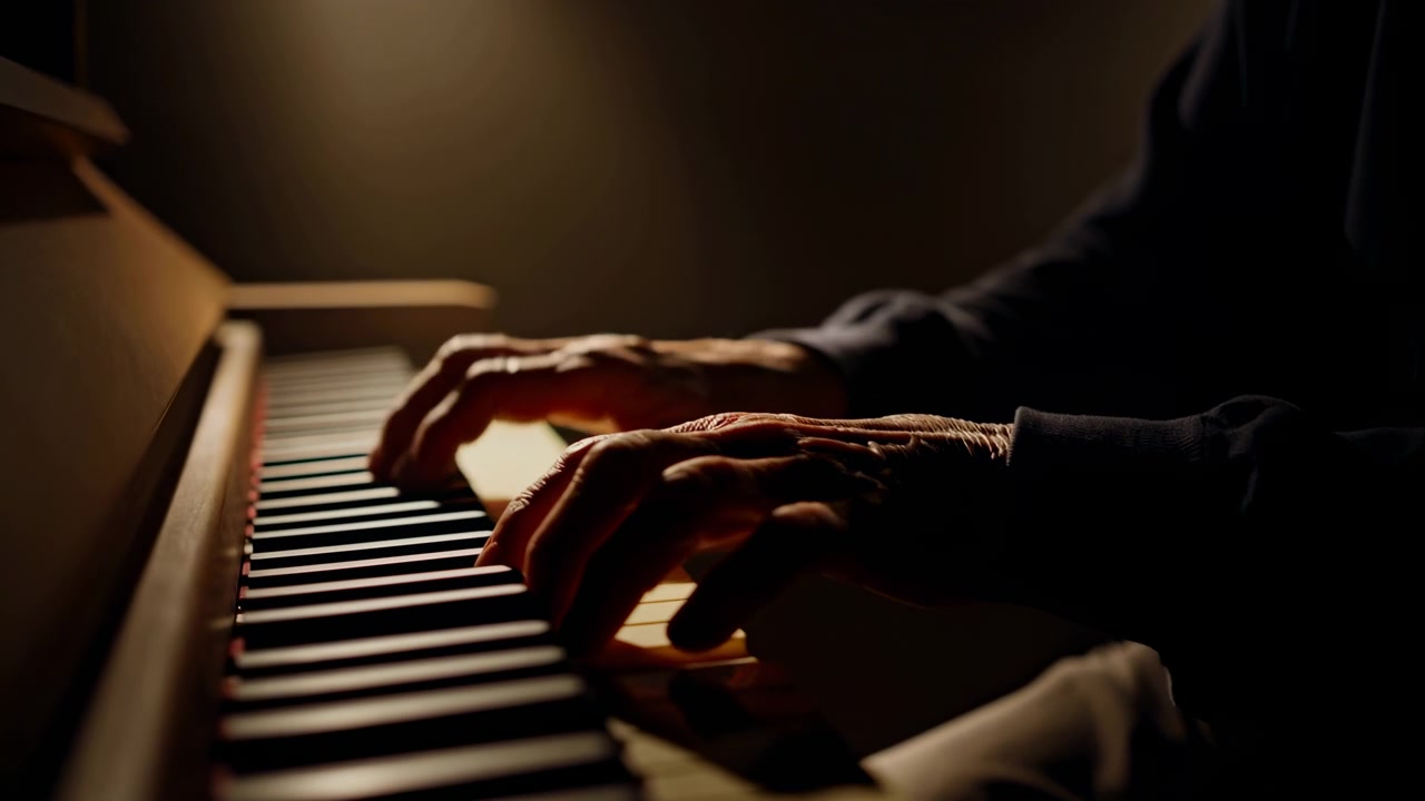 Adult hands press piano keys in warm low light, seen from side angle with shallow focus on fingers, dark sleeves, glossy keys, and quiet uncluttered background creating calm performance atmosphere