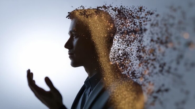 Una rappresentazione creativa della trasformazione: una silhouette di un uomo con la testa che si disintegra, a simboleggiare il cambiamento e il potere dell'immaginazione