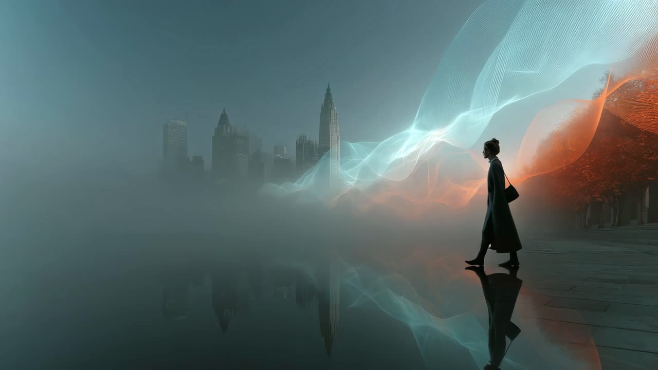 Woman in a foggy cityscape