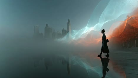woman in a foggy cityscape