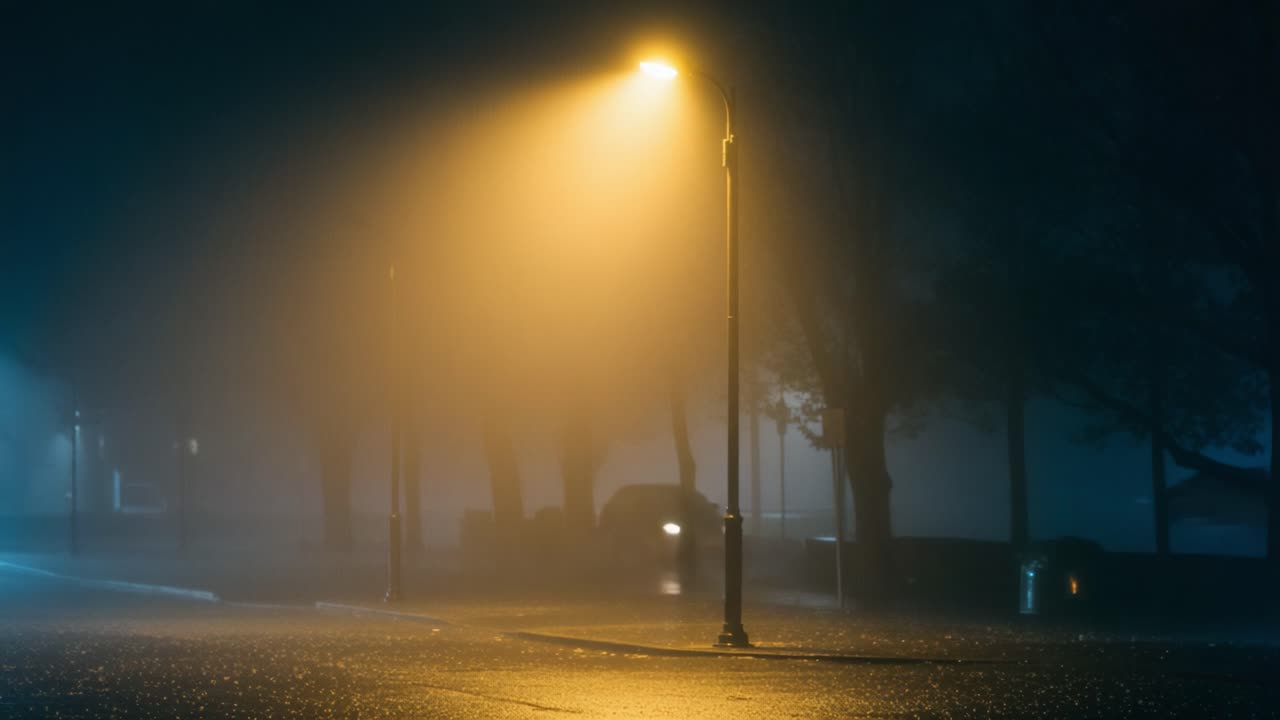 Foggy Night Street with a Glowing Streetlight and Distant Car