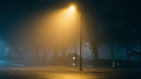 foggy night street with a glowing streetlight and distant car
