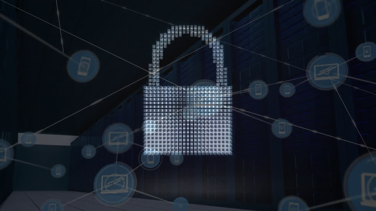 animación del icono del candado y la red de conexiones con los iconos a través de servidores informáticos