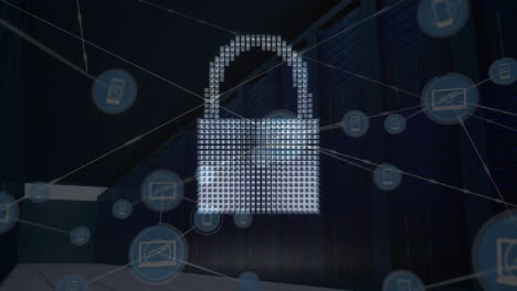 animation of padlock icon and network of connections with icons over computer servers