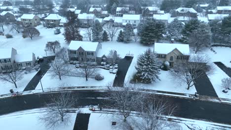 two story houses in american neighborhood during winter snow storm