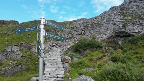 Djevelporten-Wanderwegweiser-Zum-Aussichtspunkt-Am-Floya-Berg-In-Svolvaer,-Lofoten-Inseln,-Norwegen---Pfanne