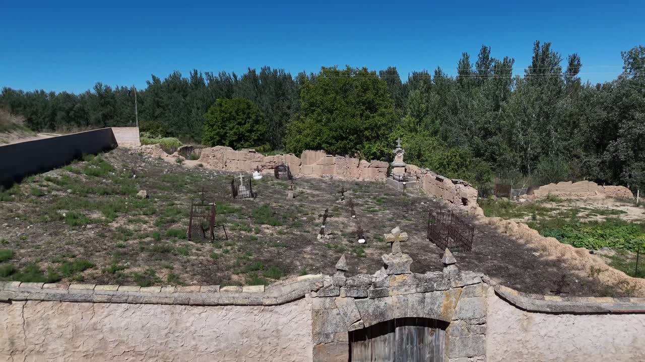 Aerial View of Abandoned Cemetery Ruins in Spain