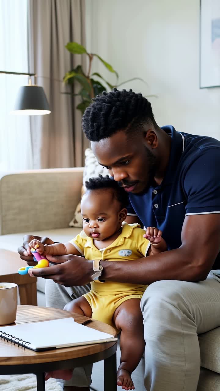 An afro man is holding a baby and a toy in his hand at living room.