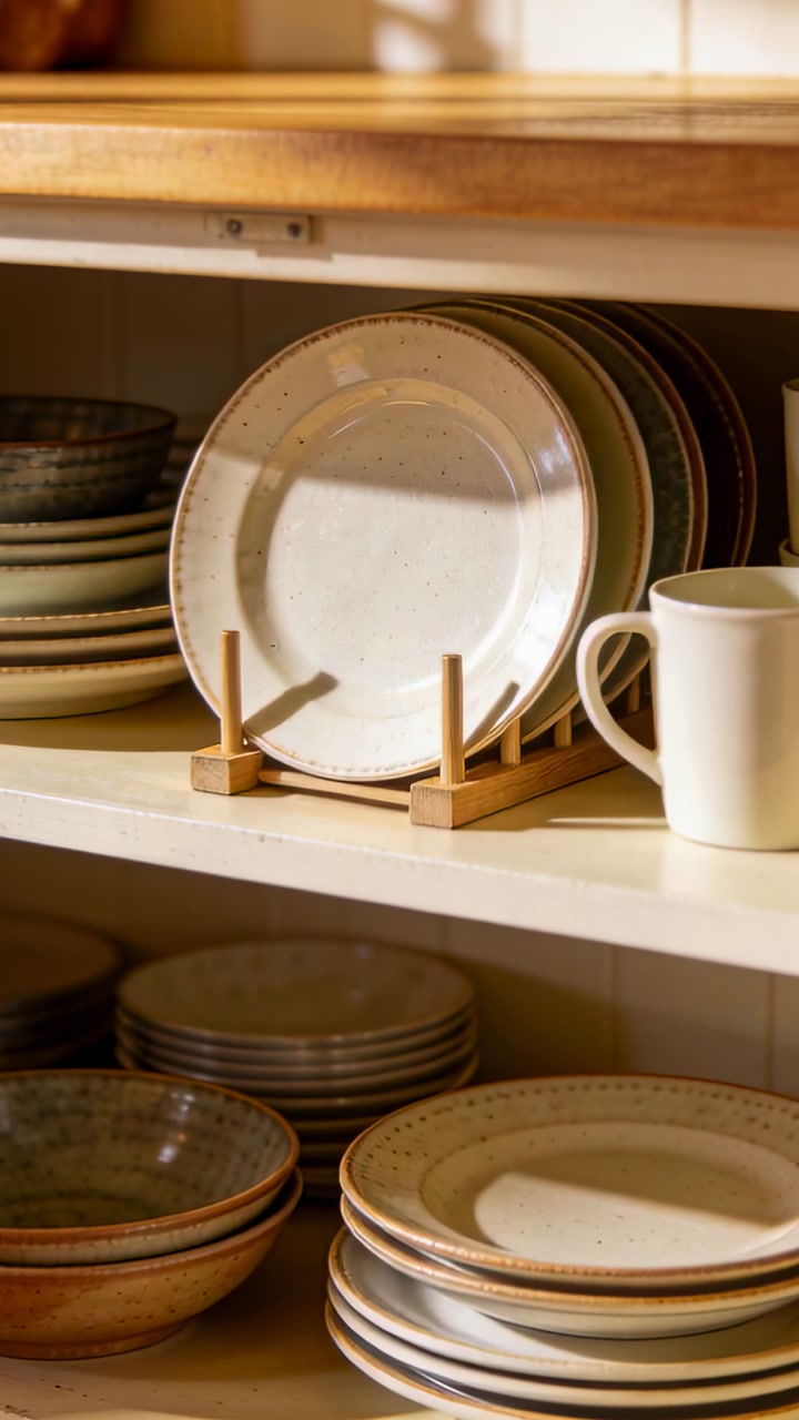 Vertical video: Moving camera zooming down home shelf, showing wooden plate rack, upright plates