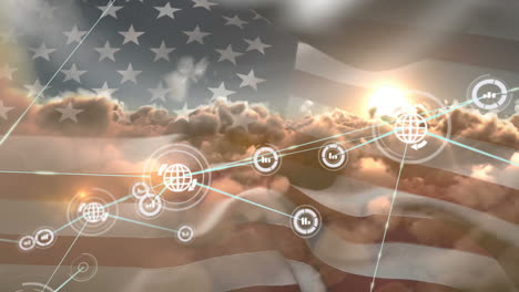 animación de iconos de globos y gráficos que se conectan con líneas sobre la bandera de américa y nubes