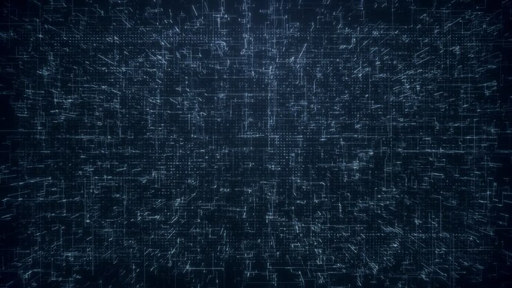 Flowing digital grid concept with AI, machine learning, blockchain, and data transfer. 3D network connectivity, cyberspace, and sci-fi elements in a hi-tech virtual environment