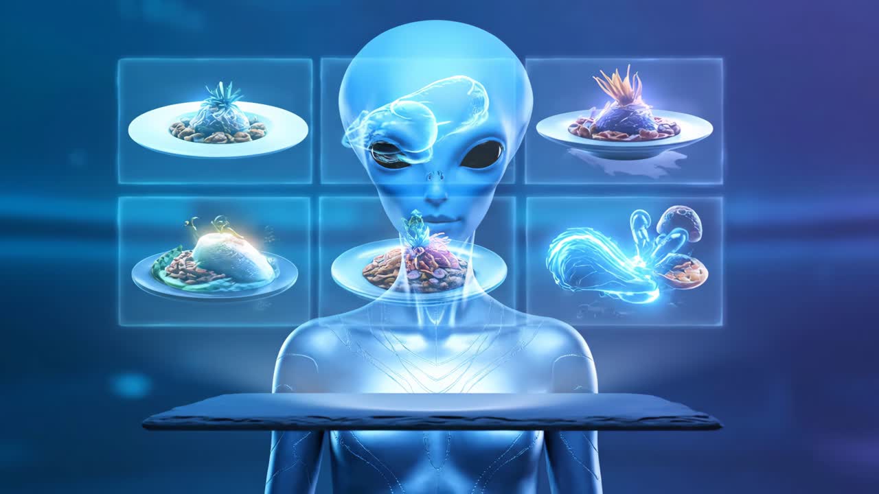 Alien Presenting Futuristic Food Menu