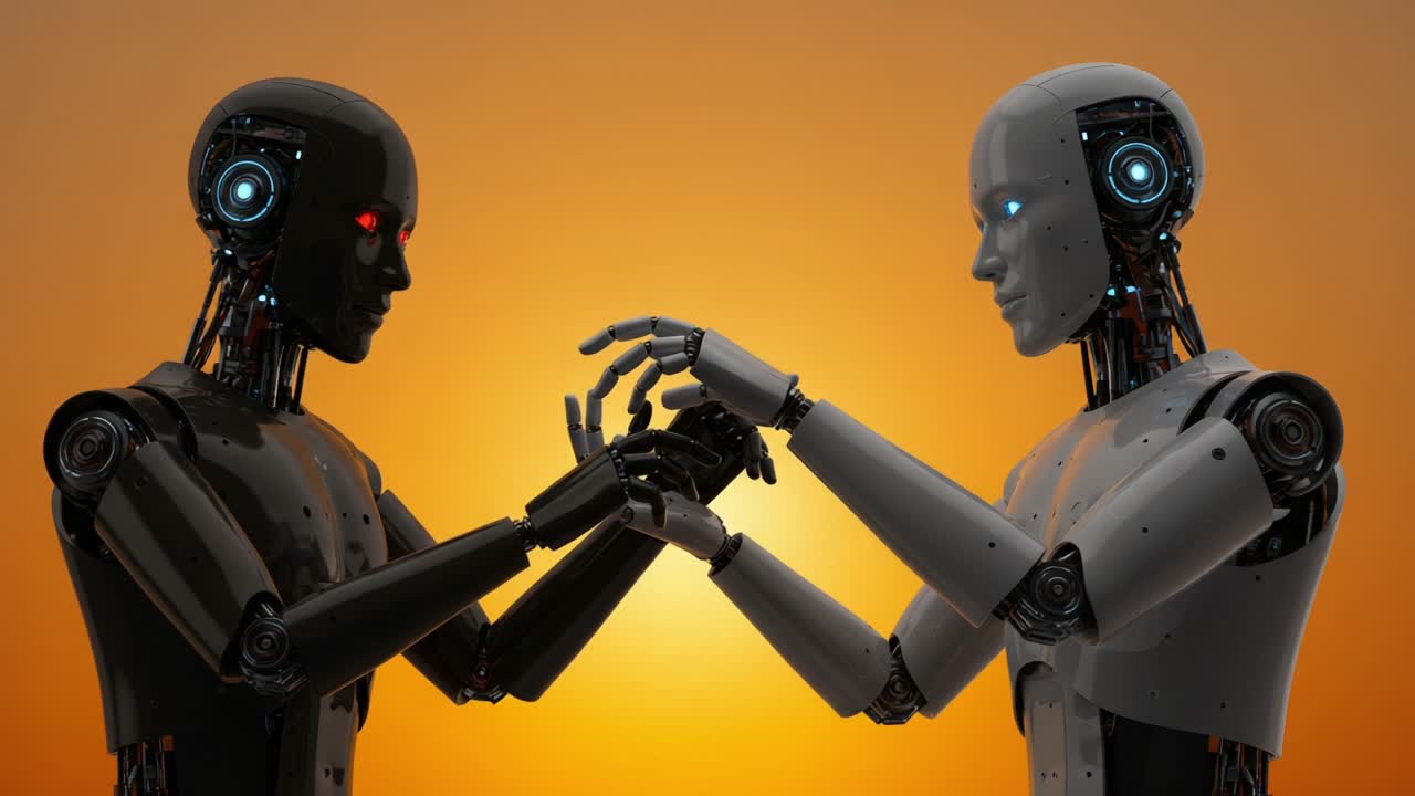 A Stunning Encounter Between Two Advanced Robots with Illuminated Features, Set Against a Warm Sunset Background, Exploring Themes of Connection and Technology