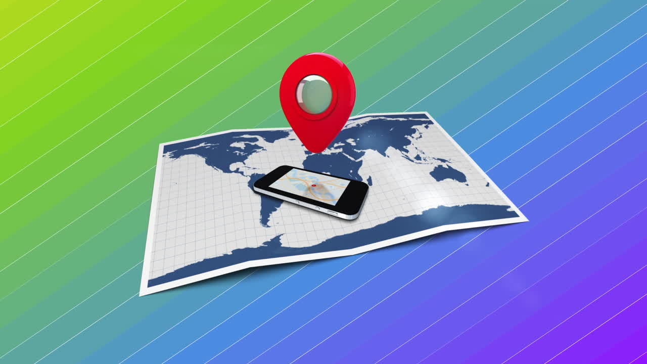 animación del teléfono inteligente y el mapa sobre el arco iris