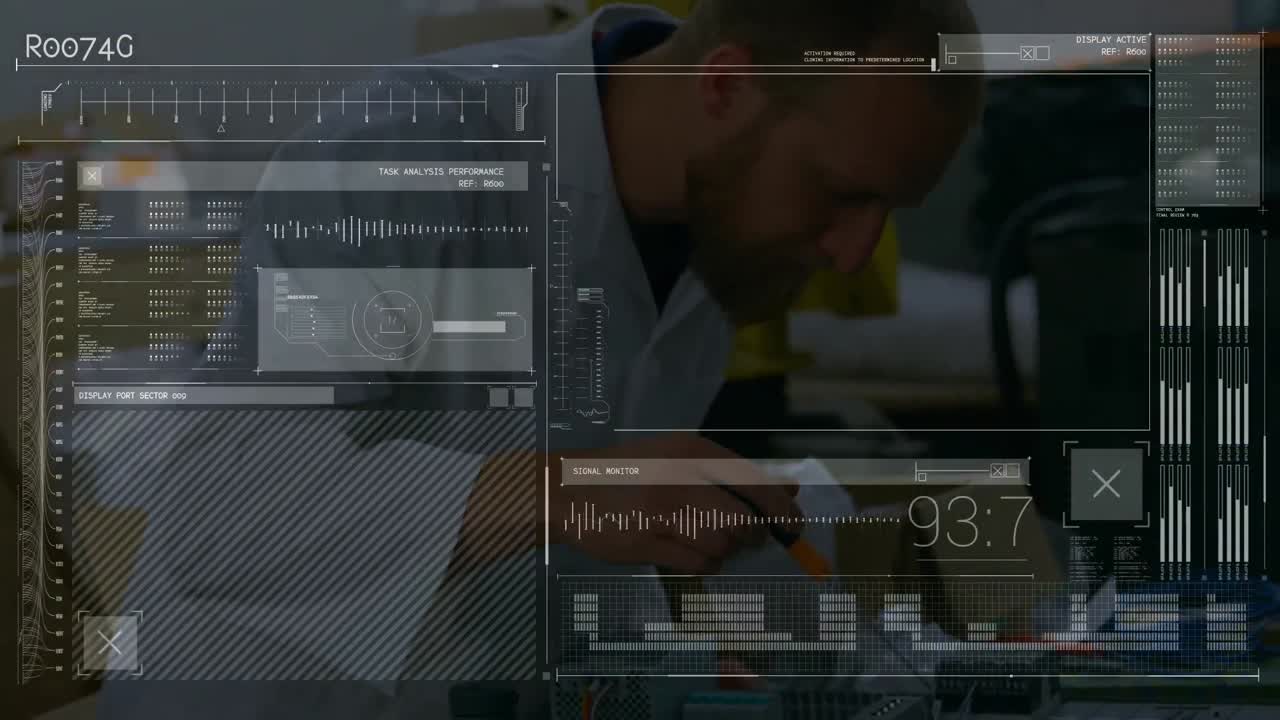 Animation of data processing over caucasian male scientists